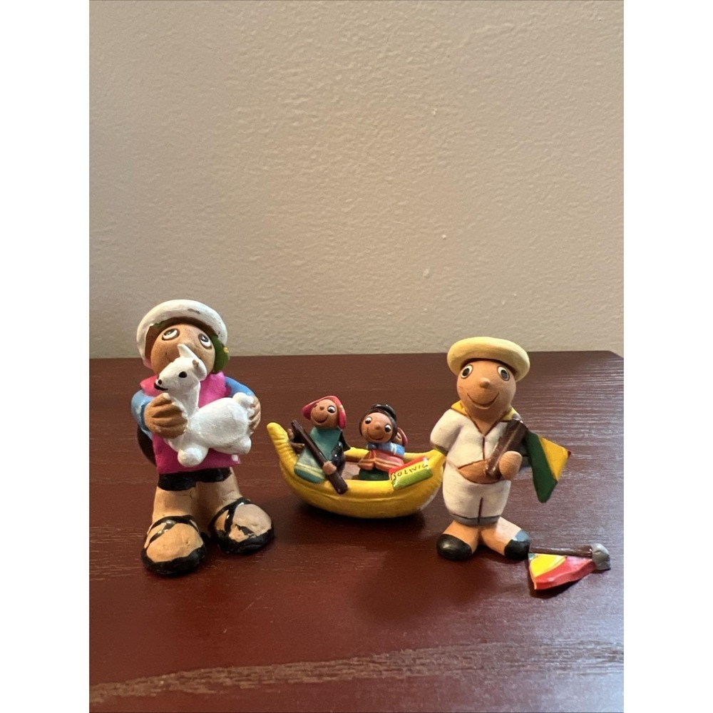 Set Of 3 Bolivian Clay Folkart Figurines Sailor Animal Boat READ
